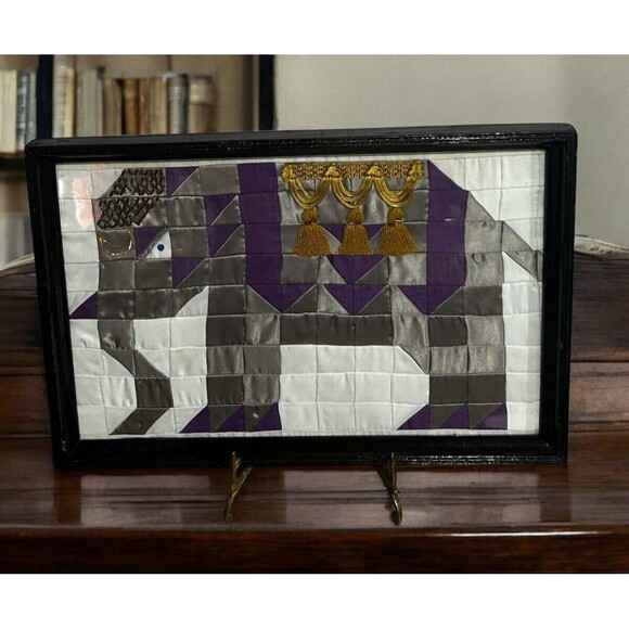 Vtg Satin Half Square Triangle Elephant Embellished Framed Textile Art